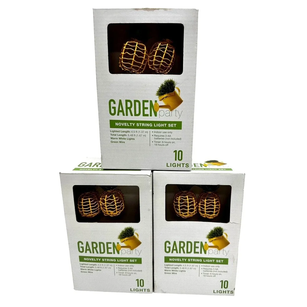 Lot of 3 sets Garden Party Pineapple Novelty String 10 Light Kit Battery NEW NIB